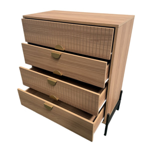 TORINESE Commode 4 tiroirs décor bois rainuré et poignées dorées 84cm