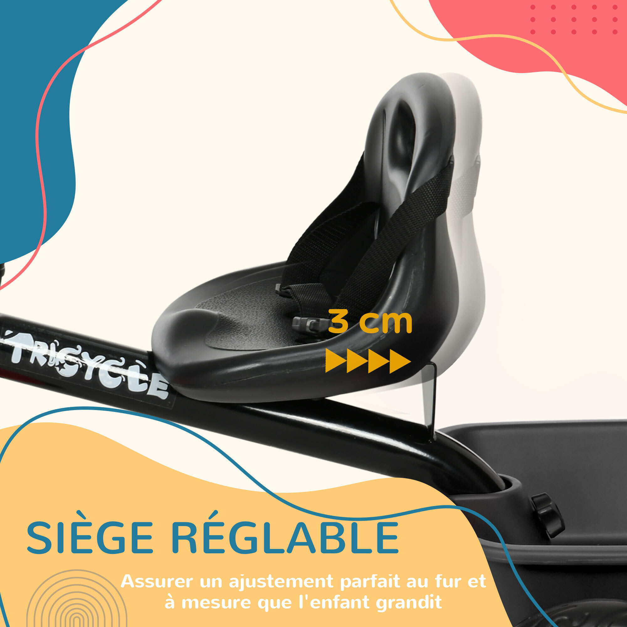 Tricycle pour enfant évolutif avec siège réglable - pédales - 2 paniers - ceinture - pour enfant de 2 à 5 ans - noir