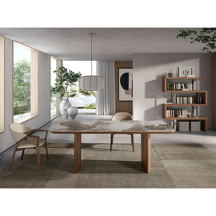 Mesa comedor rectangular con tapa fija de mármol porcelánico blanco con vetas en tonos tierra en acabado brillo 200x90x77cm