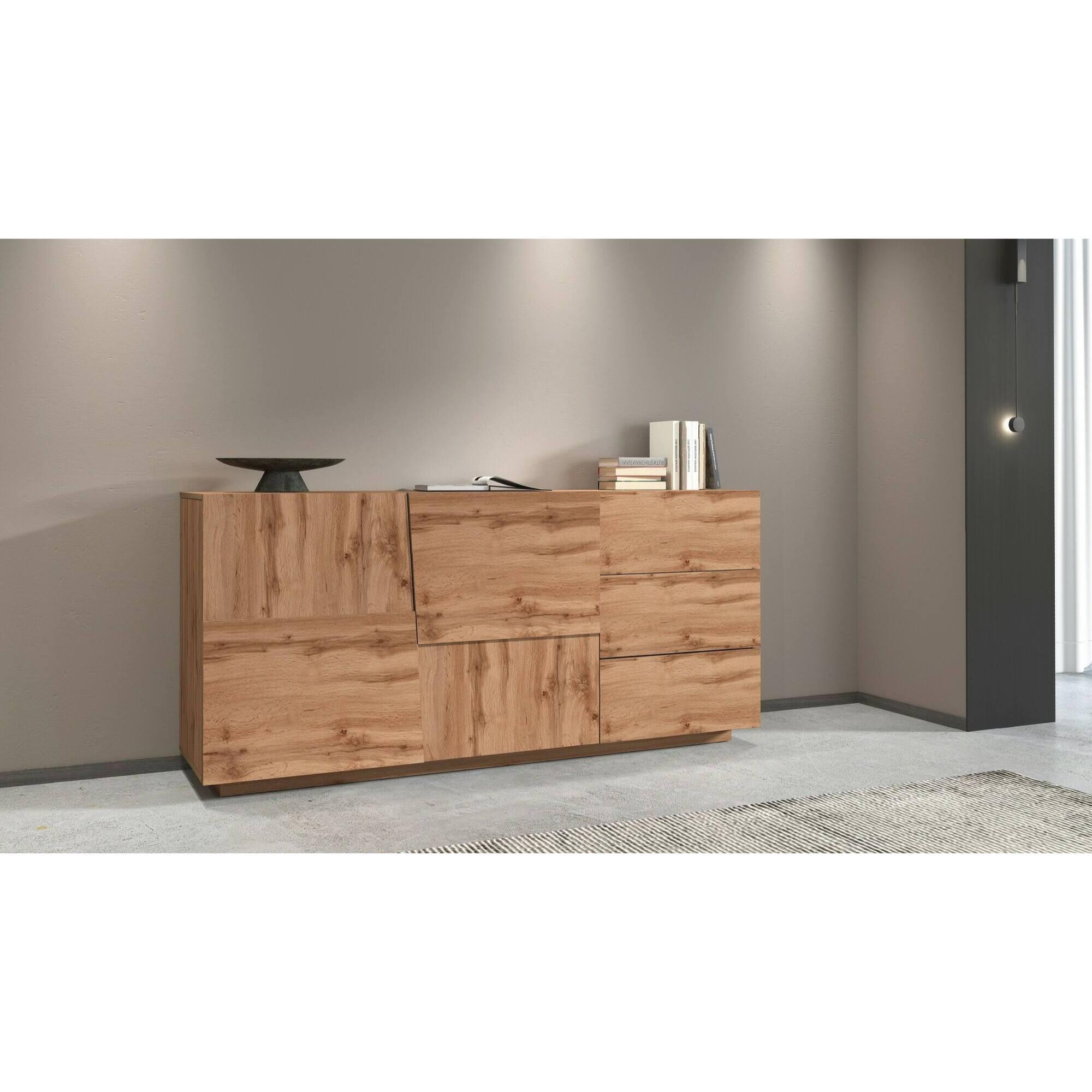 Credenza Ddalessi, Buffet da soggiorno, Madia da salotto con 2 ante e 3 cassetti, 180x44h86 cm, Rovere