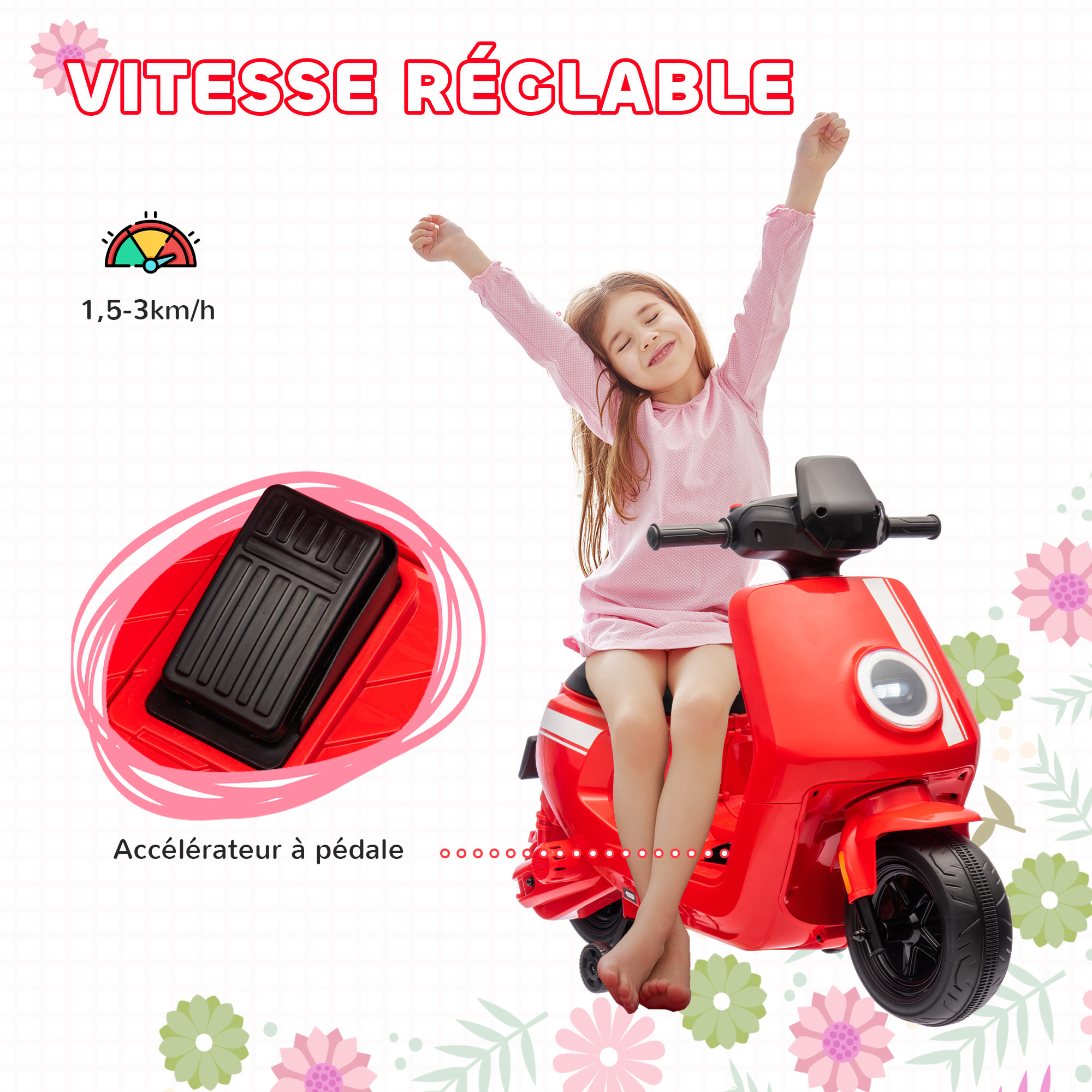 Scooter électrique enfant - moto enfant 6V 25W 2 vitesses 1,5-3 Km/h - effets sonores lumineux - rouge
