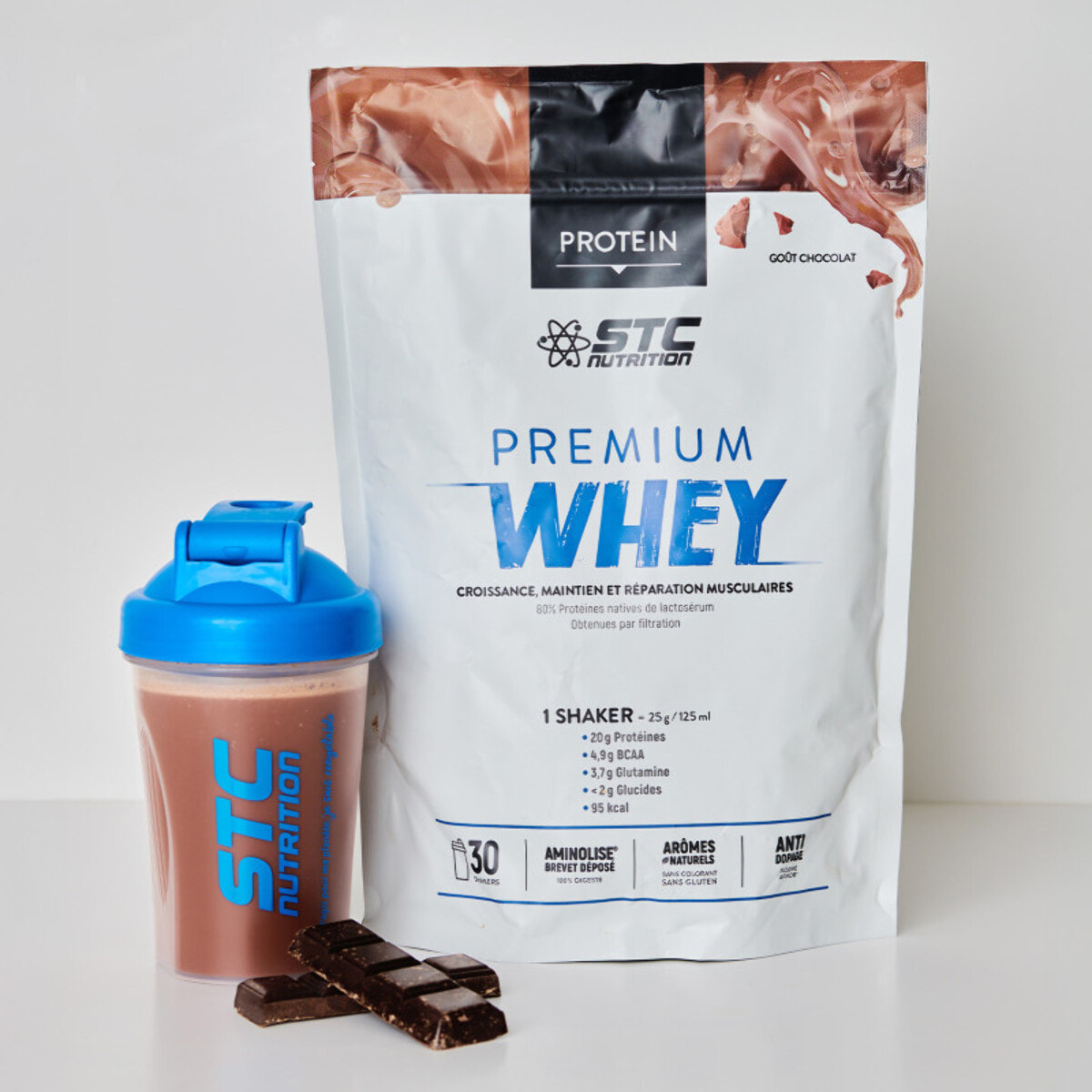 STC NUTRITION - Premium Whey - 80% de protéines natives de lactosérum - Croissance, maintien et réparation musculaires - Digestion facile - Doypack 750g - Chocolat - Lot de 3