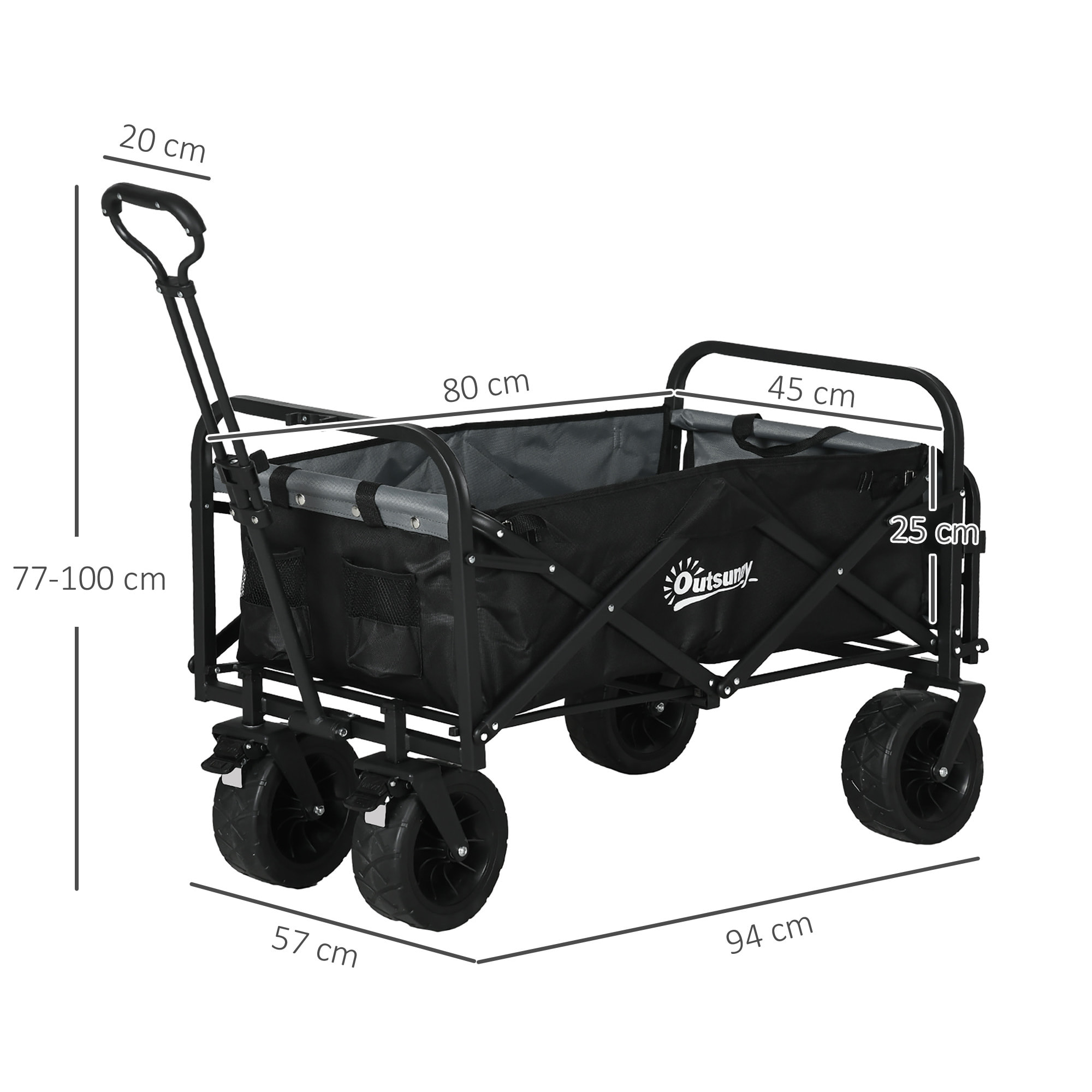 Chariot de jardin 110L pliable 4 roues poignée télescopique réglable porte noir