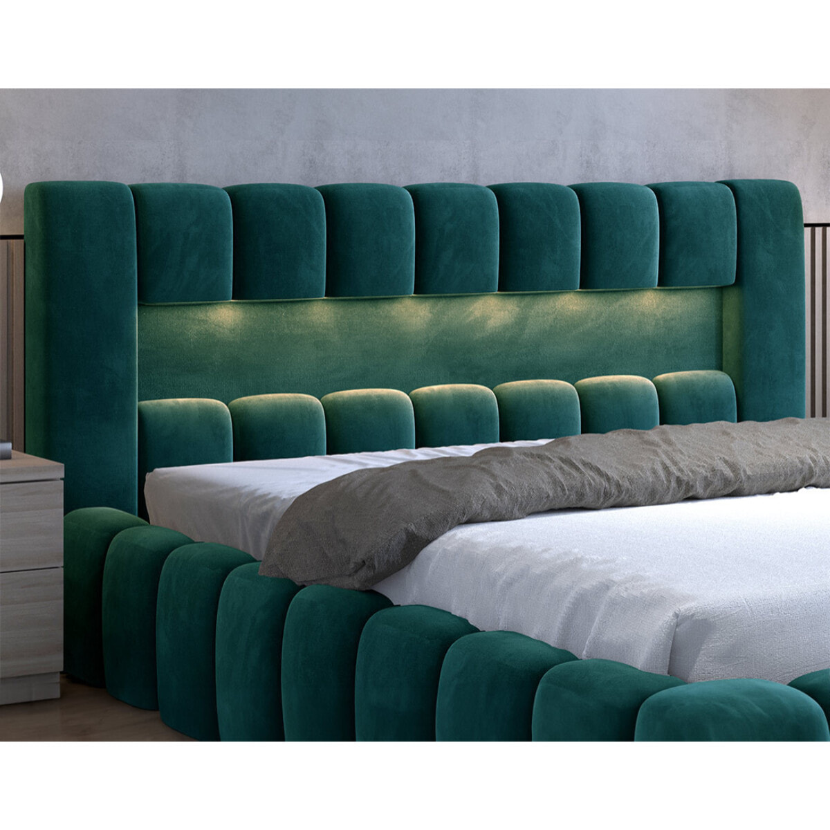 Cleo - lit coffre avec led - 160x200 cm - sommier inclus - en velours - Vert