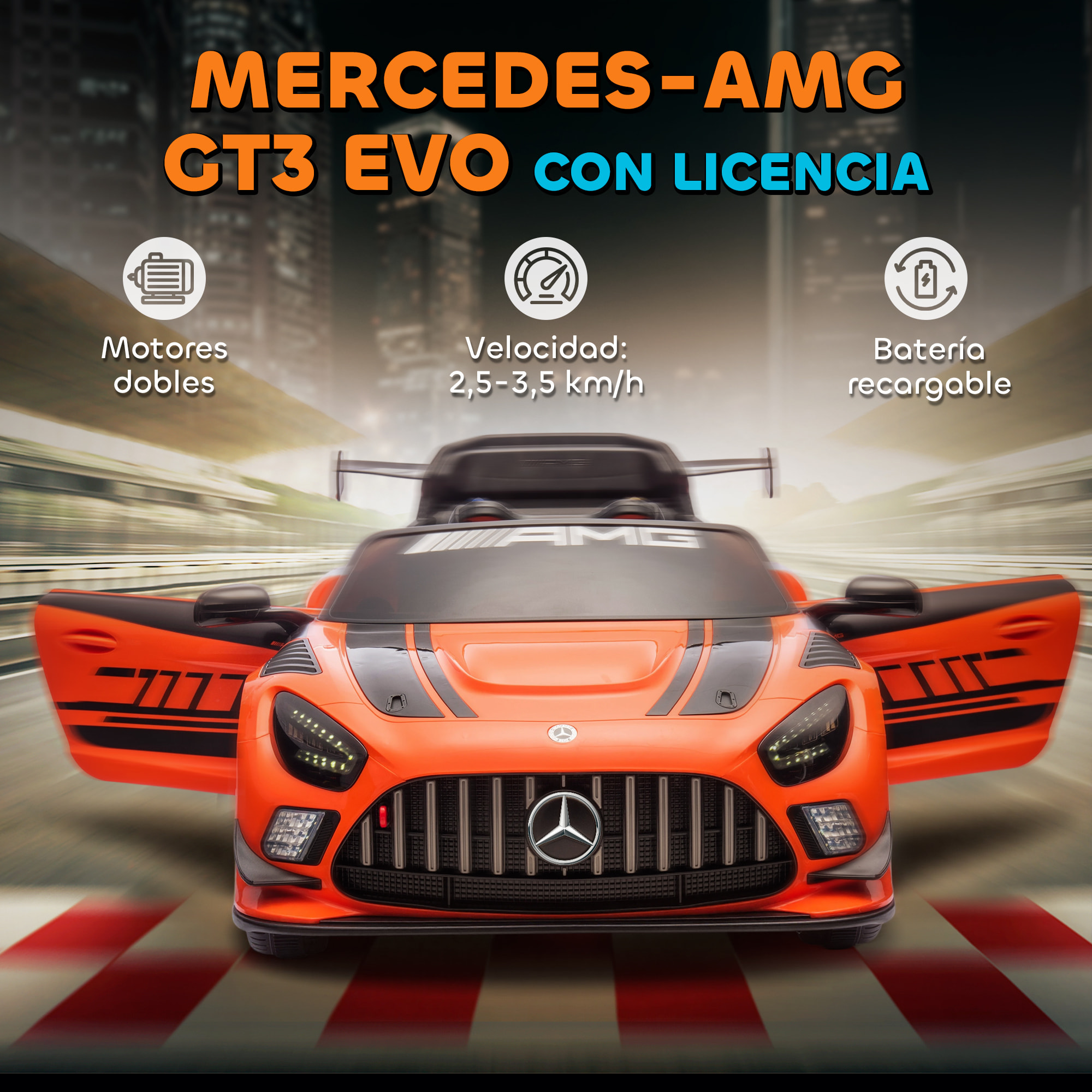Coche Eléctrico para Niños, Mercedes-AMG GT3 Evo, Coche de Batería 12V, con Mando a Distancia 2,4 G, Motor Doble, Ruedas Auxiliares, Asa de Arrastre, Música Inalámbrica, Faros, Naranja