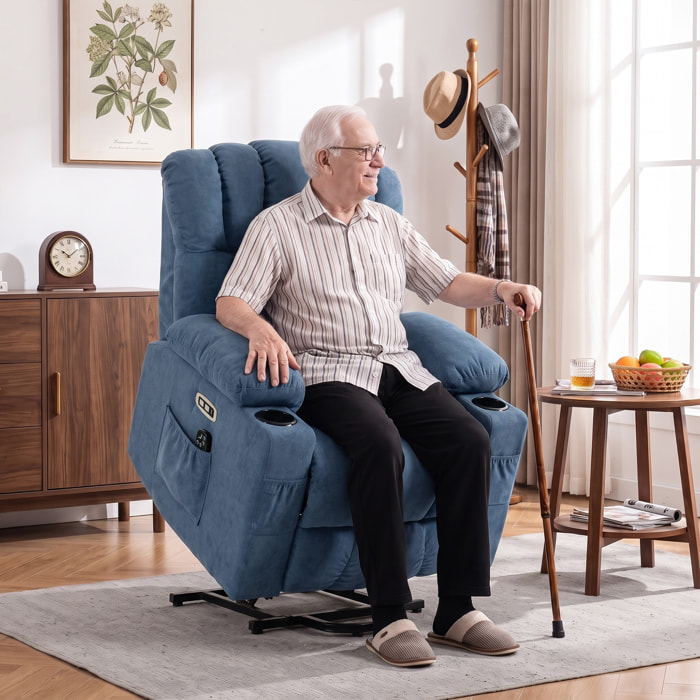 Sillón Relax Reclinable Eléctrico Levanta Personas Mayores con 8 Puntos Masaje Vibratorio y Calor, Sillón Elevador, Asiento Ancho, USB-C, USB-A, Bolsillos, Portavasos, Reposapiés, de Rizo Azul