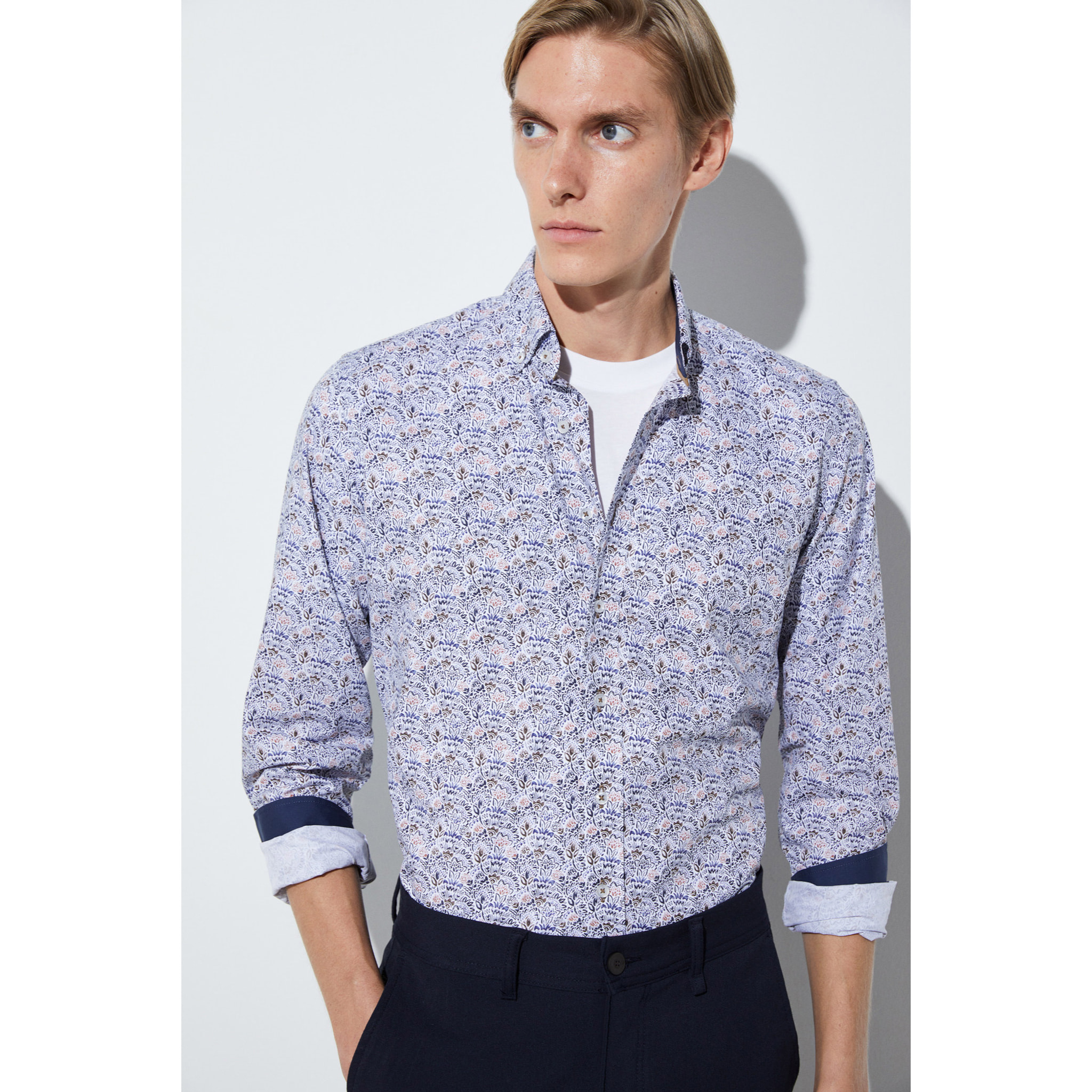 camicia uomo 1 bottone button down slim Popeline Stampato Bianco e Blu