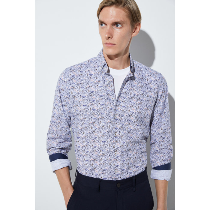 camicia uomo 1 bottone button down slim Popeline Stampato Bianco e Blu