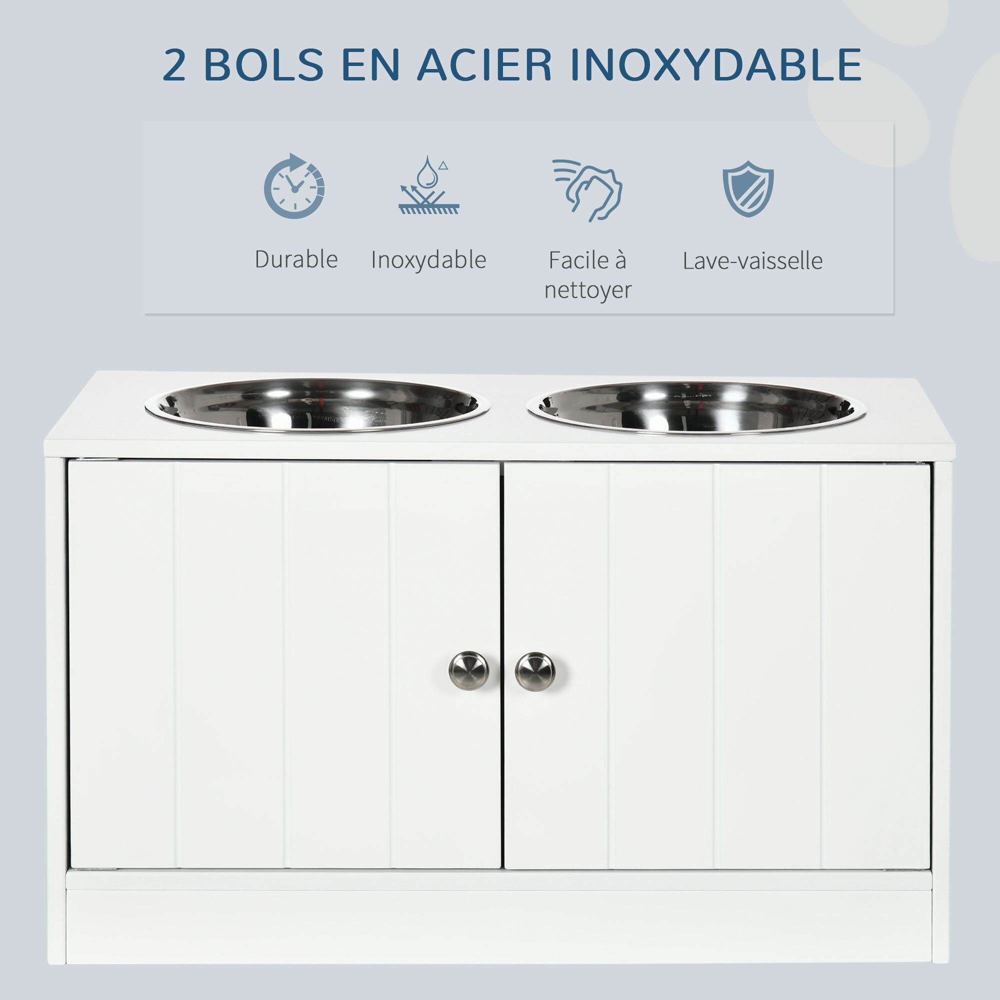 Gamelle double chien chat - porte-gamelles surélevé armoire 2 en 1 - 2 portes, 2 gamelles - acier inox. MDF blanc