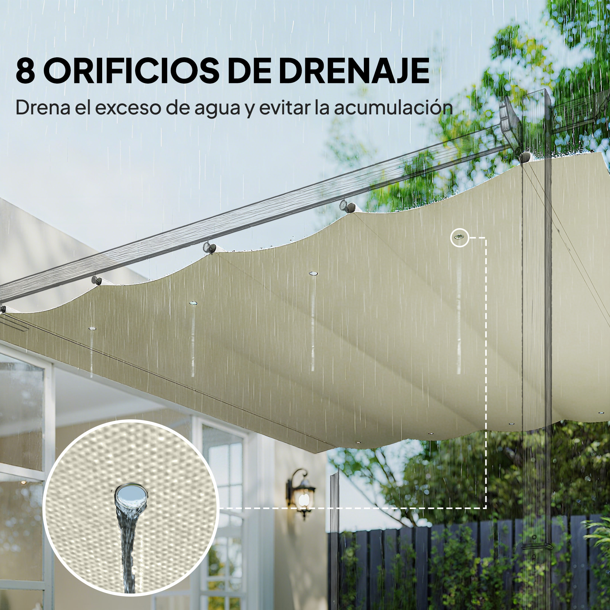 Techo de Pérgola 3x2,5 m, Techo de Repuesto Retráctil para Marco de Pérgola de 3x2 m, UV30+, Toldo de Tela Solo para Cenador Jardín con 8 Orificios de Drenaje, Crema
