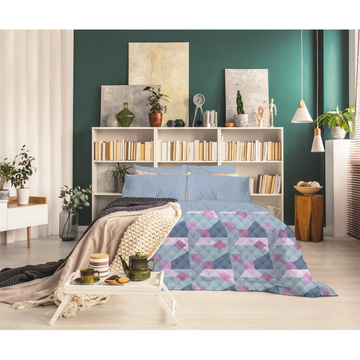 TRAPUNTINO LETTO MATRIMONIALE GEOMETRICO LILLA MADE IN ITALY MEZZA STAGIONE