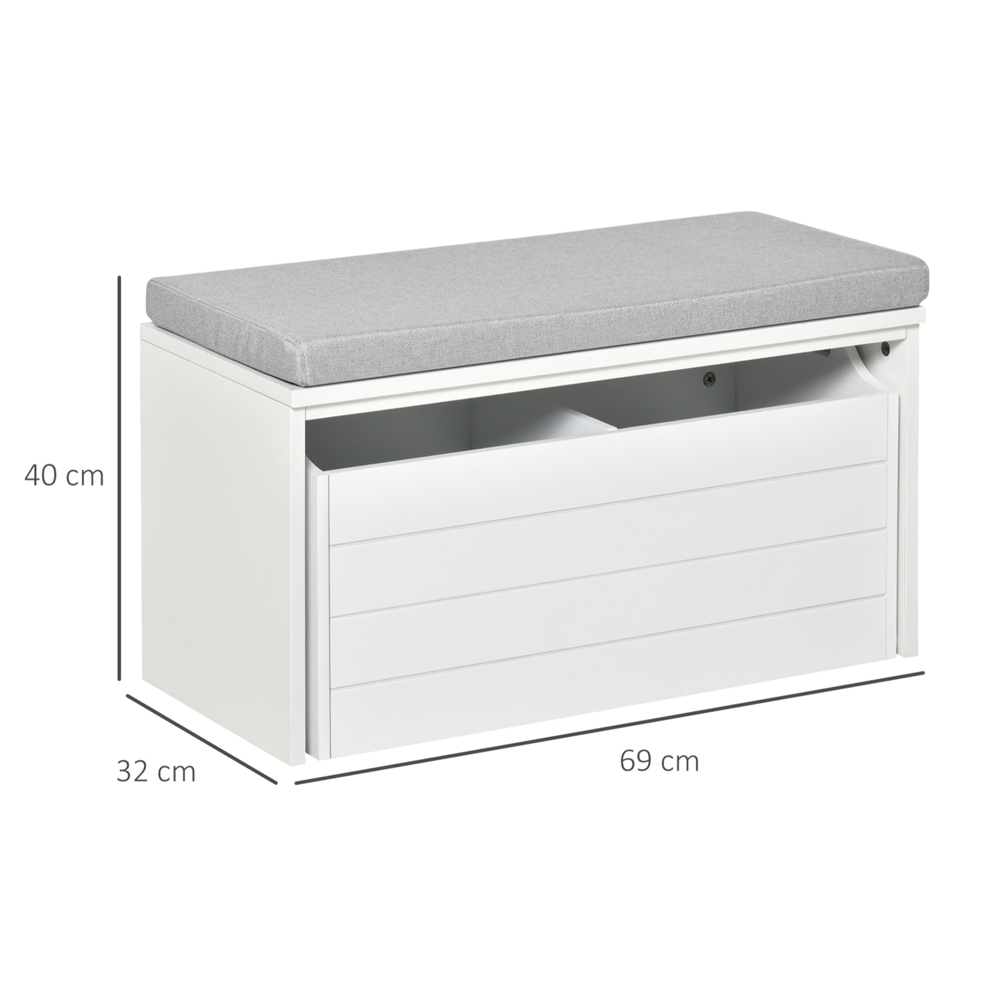 Banc de rangement avec coussin gris - meuble à chaussures - banc à chaussures avec grand tiroir double compartiment - MDF blanc