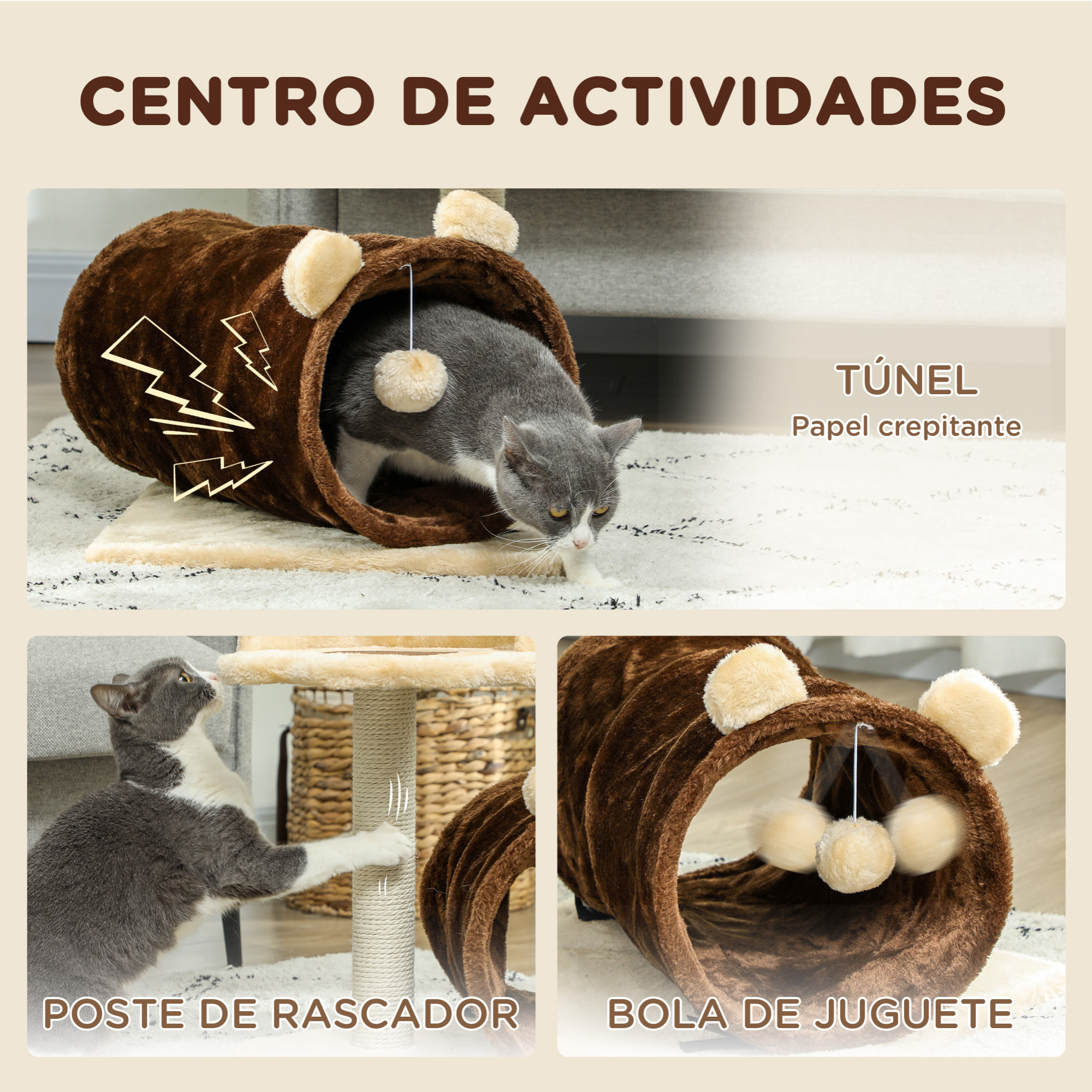 Árbol Rascador para Gatos Altura 47 cm Árbol para Gatos Torre para Gatos con Túnel Nido Plataformas Bola de Juguete y Poste de Yute Marrón Oscuro