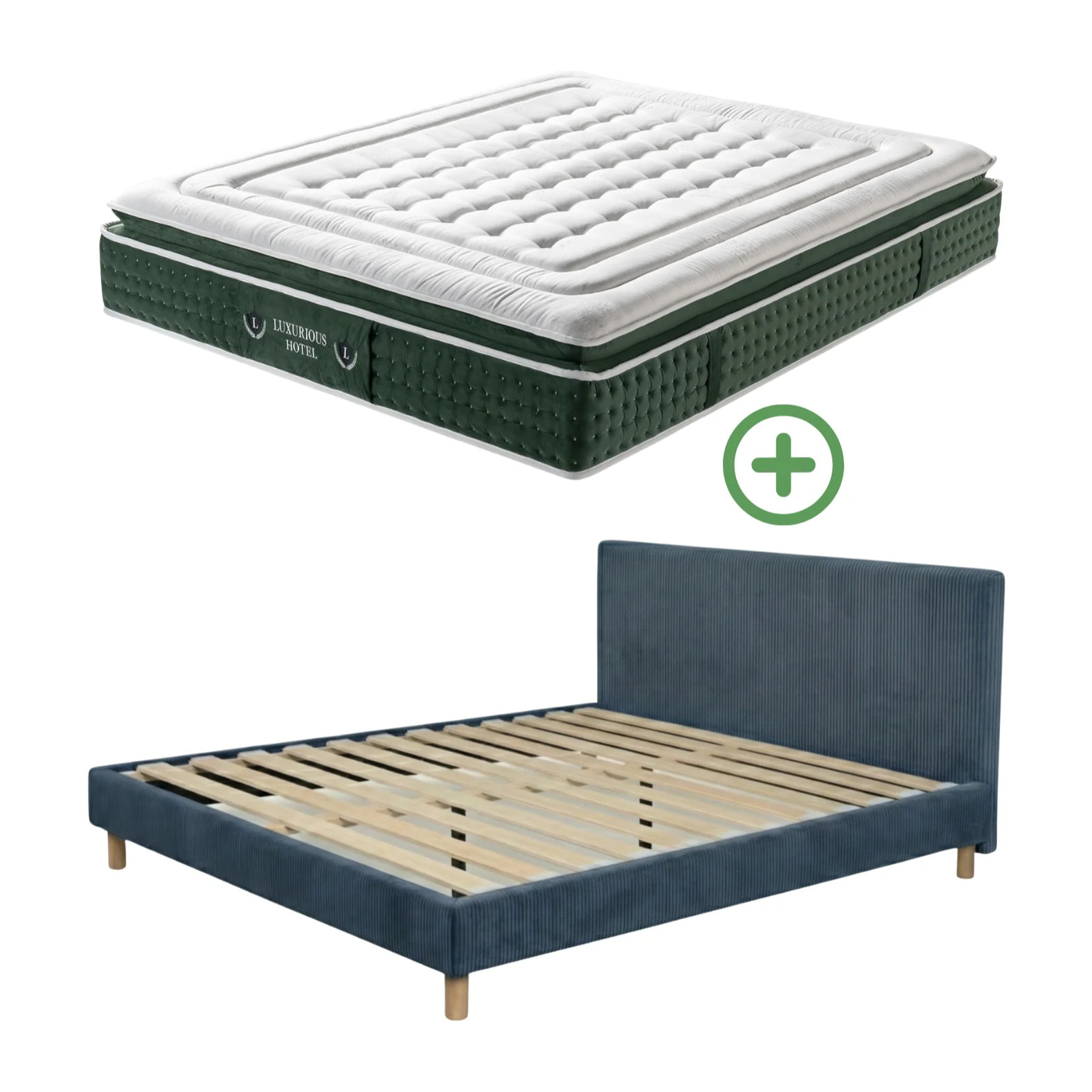 Ensemble matelas Jade & lit fixe Colisée | Mémoire de forme et ressorts ensachés | cadre à lattes | Bouclette | Camel