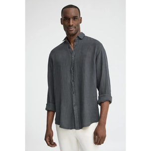 Camicia grigio pietra in lino regular fit con toppa Polo Club