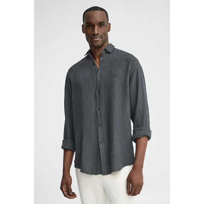 Camicia grigio pietra in lino regular fit con toppa Polo Club