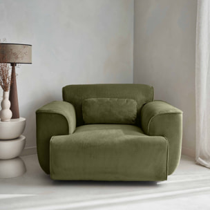 Fauteuil velours côtelé vert. lignes arrondies. coussin fourni. Wallas. L 116 x P 97 x H 73cm