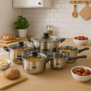 set de batería de cocina de 8pc en acero inoxidable + 3 sartenes ø16ø20ø24cm azul mate en aluminio prensado