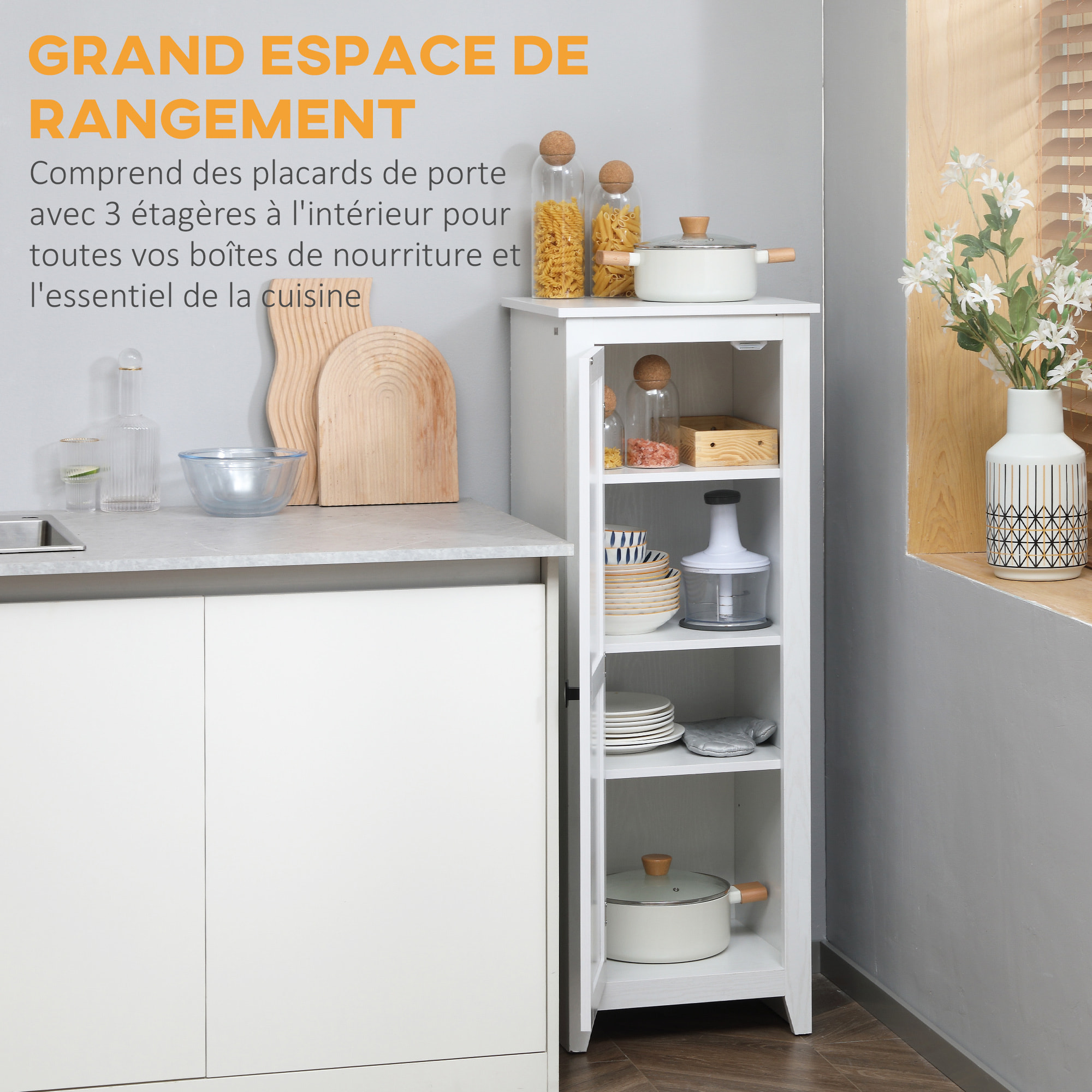Armoire de cuisine style campagne chic porte 3 étagères réglables - dim. 43L x 40l x 121H cm - MDF blanc