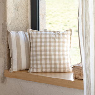 Housse de coussin recto-verso 100% coton rayures et vichy LOURMARIN - Beige
