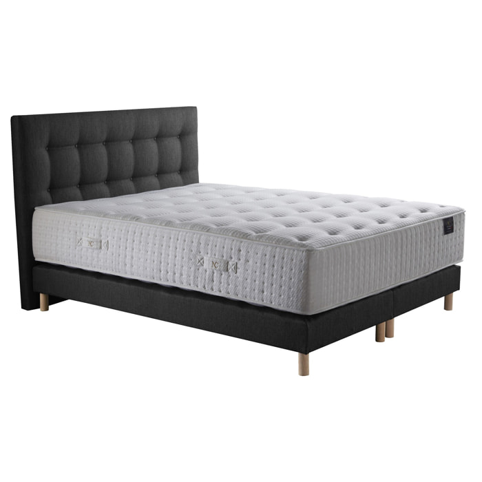 Ensemble Hélios + tête de lit capitonnée - Matelas ressorts ensachés Mémoire de forme Latex - Sommier Gris Anthracite