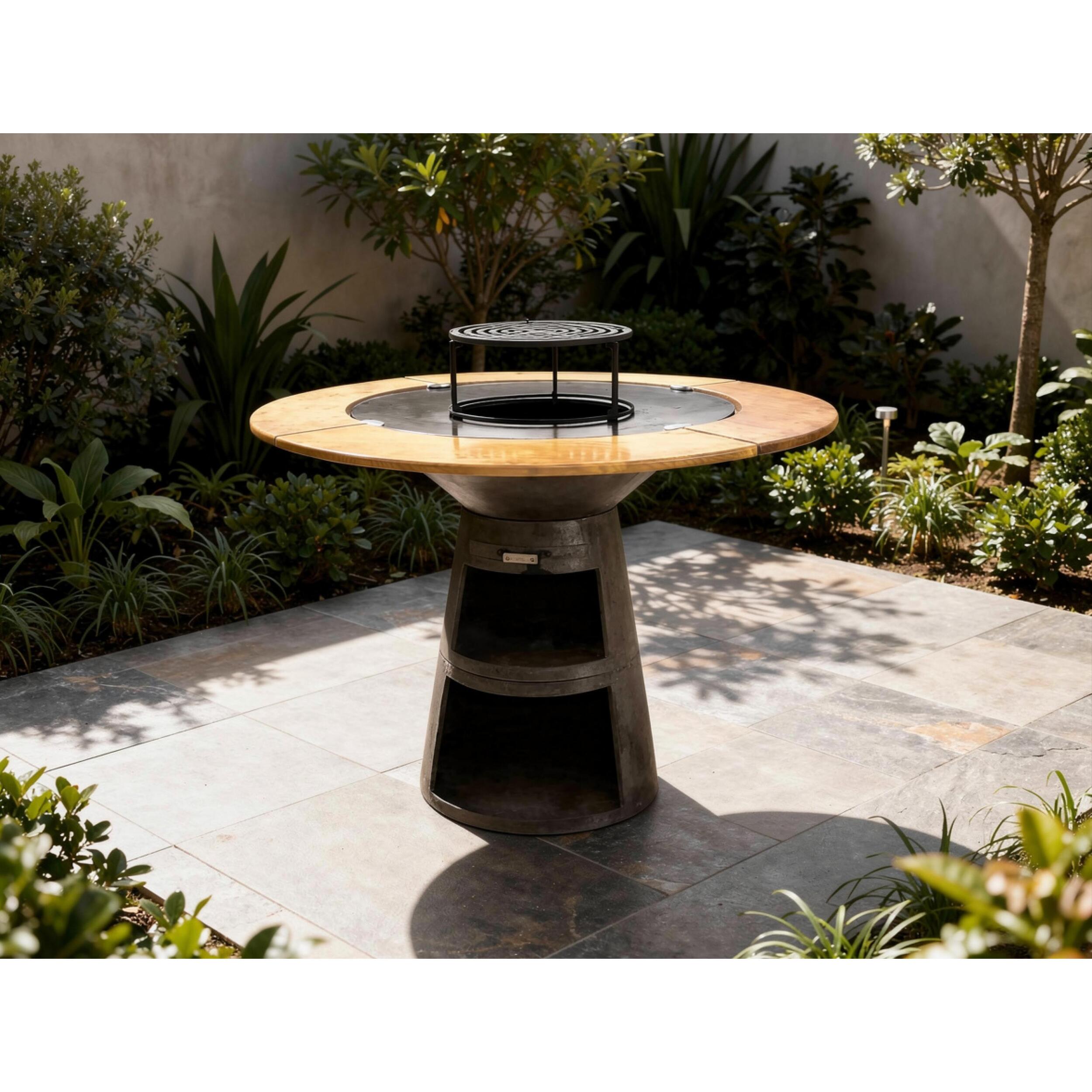 Barbacoa redonda con plancha de acero y grill y tablero de madera EFP59B WOOD PURLINE  W