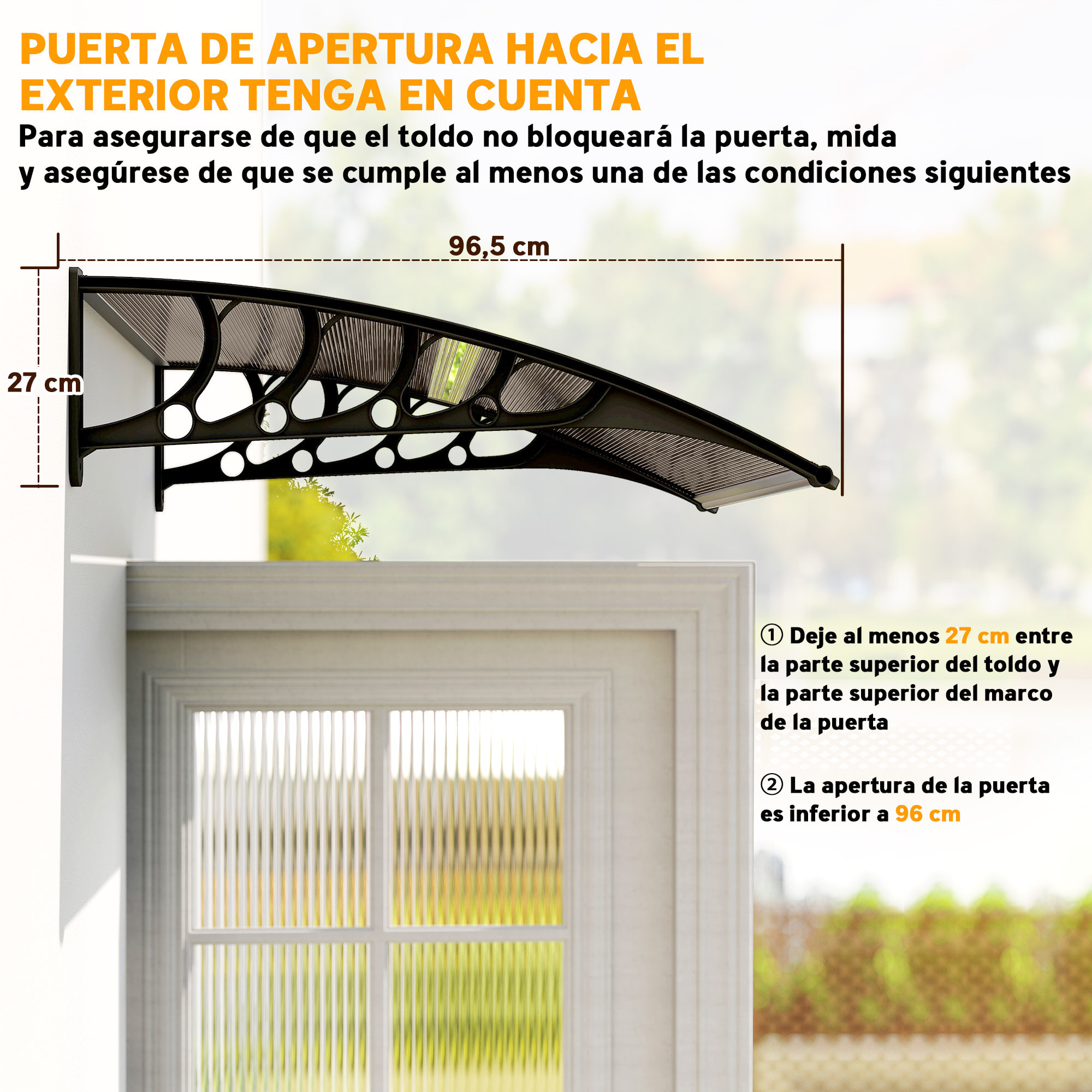 Marquesinas Exterior para Puertas y Ventanas, 103x96,5 cm, Tejadillo de Protección contra Sol y Lluvia, con Cubierta de Policarbonato, Soportes de PP y Regleta de Aluminio, Marrón