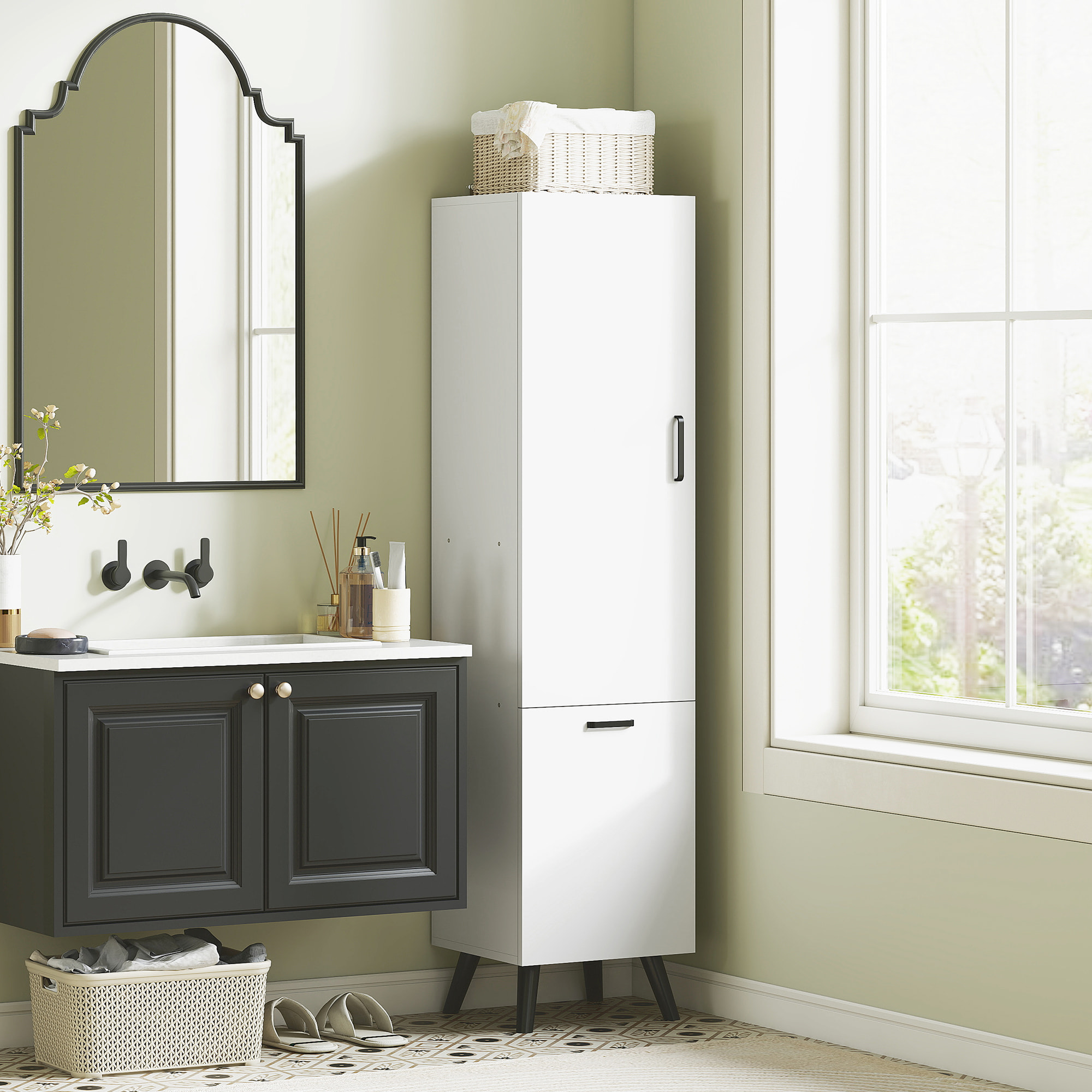 Armario de Baño Alto con Cesto Ropa Sucia Columna de Baño Estrecho con Puerta y Estantes Mueble Auxiliar para Salón Cocina 35x31,5x144 cm Blanco