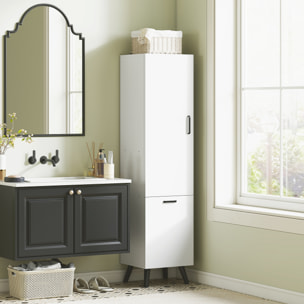 Armario de Baño Alto con Cesto Ropa Sucia Columna de Baño Estrecho con Puerta y Estantes Mueble Auxiliar para Salón Cocina 35x31,5x144 cm Blanco