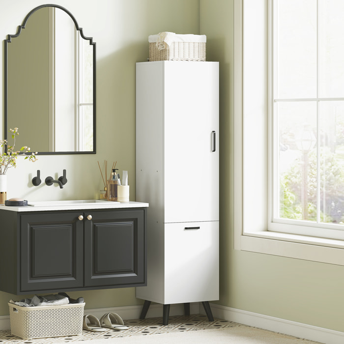 Armario de Baño Alto con Cesto Ropa Sucia Columna de Baño Estrecho con Puerta y Estantes Mueble Auxiliar para Salón Cocina 35x31,5x144 cm Blanco