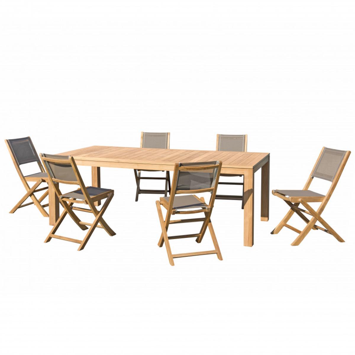 HALICE - SALON DE JARDIN EN BOIS TECK 6/8 personnes - 1 Table rectangulaire 220*100 cm et 6 chaises textilène