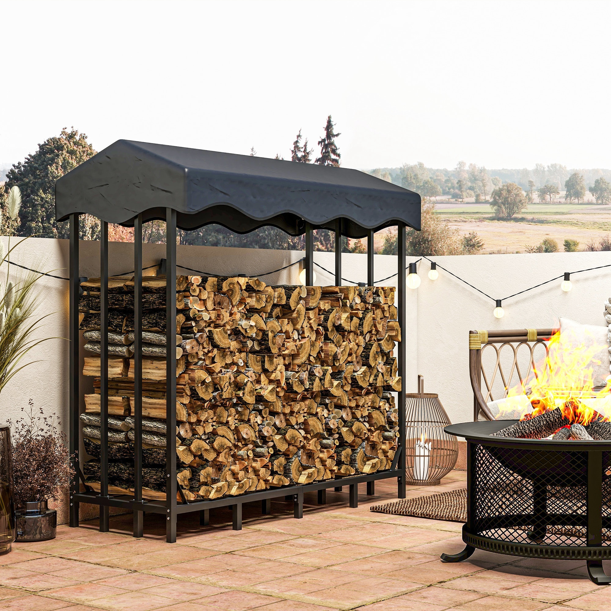 Soporte para Leña con Cubierta Estante de Leña Leñero de Metal con Estructura Reforzada Carga 1200 kg para Interior y Exterior 143x70x145 cm Negro