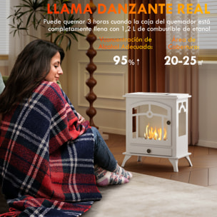 Chimenea de Bioetanol de Pie Estufa de Bioetanol con Tanque de 0,9 L Apagallamas de Acero Inoxidable Tiempo de Combustión 3H para Interiores 20-25 m² 45x28x54 cm Blanco