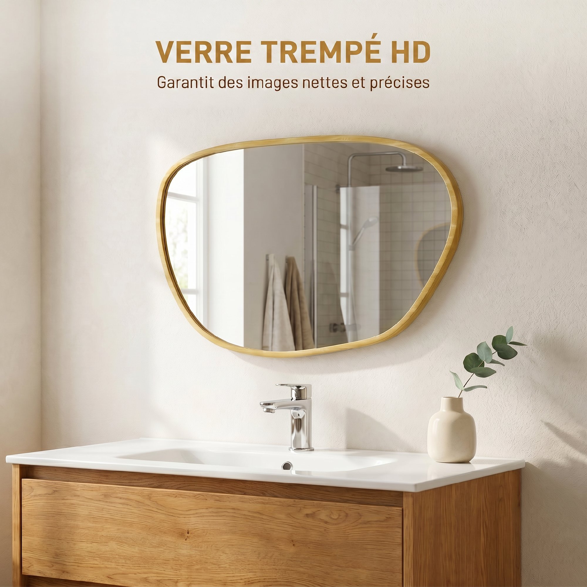 Miroir mural design organique - 90 x 60 cm - effet bois clair naturel