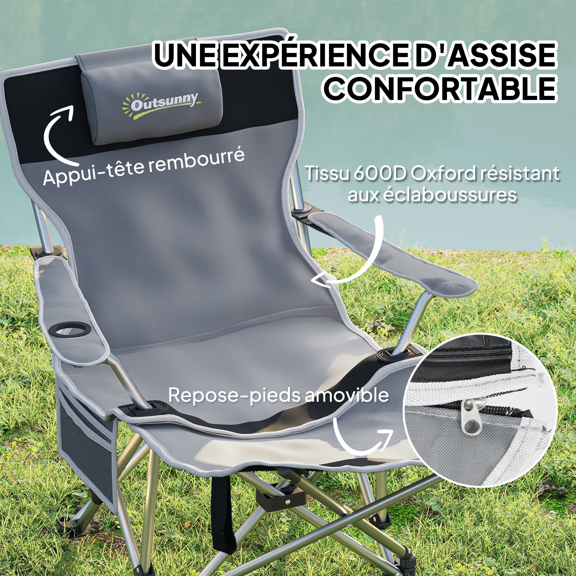 Chaise de camping pliante - repose-pied amovible, rangements - sac transport - gris