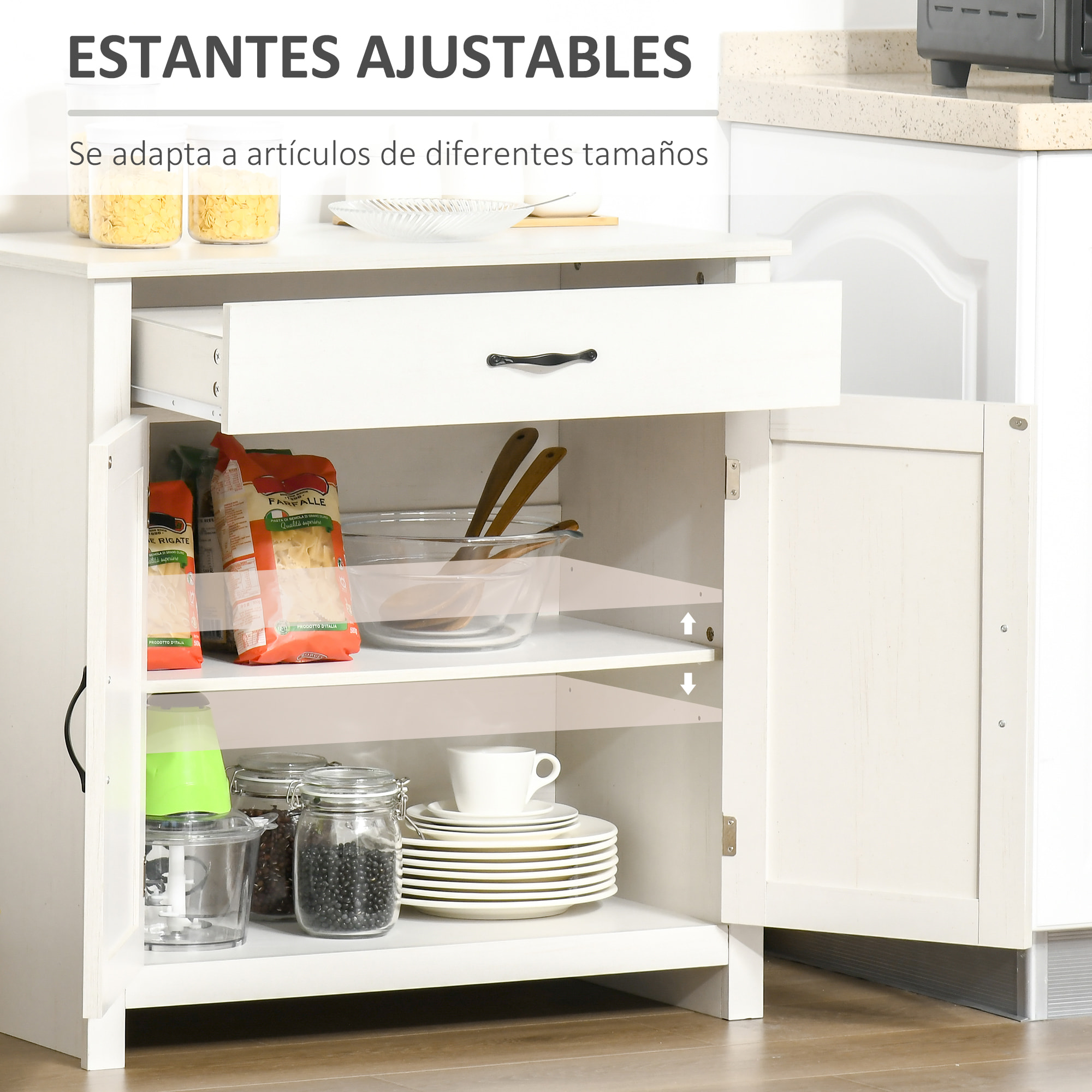 Aparador de Cocina con 1 Cajón 2 Puertas y Estante Interior Ajustable Mueble Auxiliar Decorativo para Comedor Salón 80x39,7x80 cm Blanco Lavado