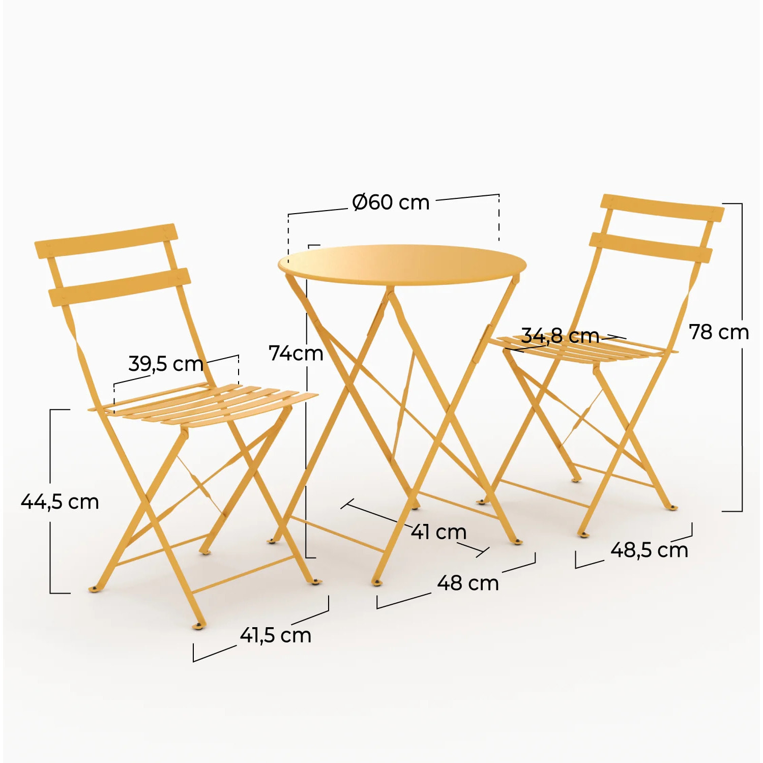 Table ronde et chaises de jardin pliantes 2 places en métal jaune - Kayla