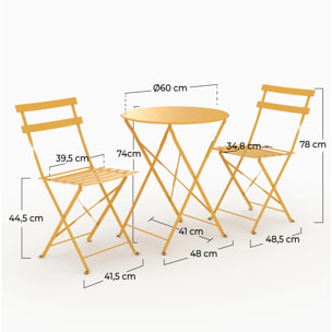Table ronde et chaises de jardin pliantes 2 places en métal jaune - Kayla