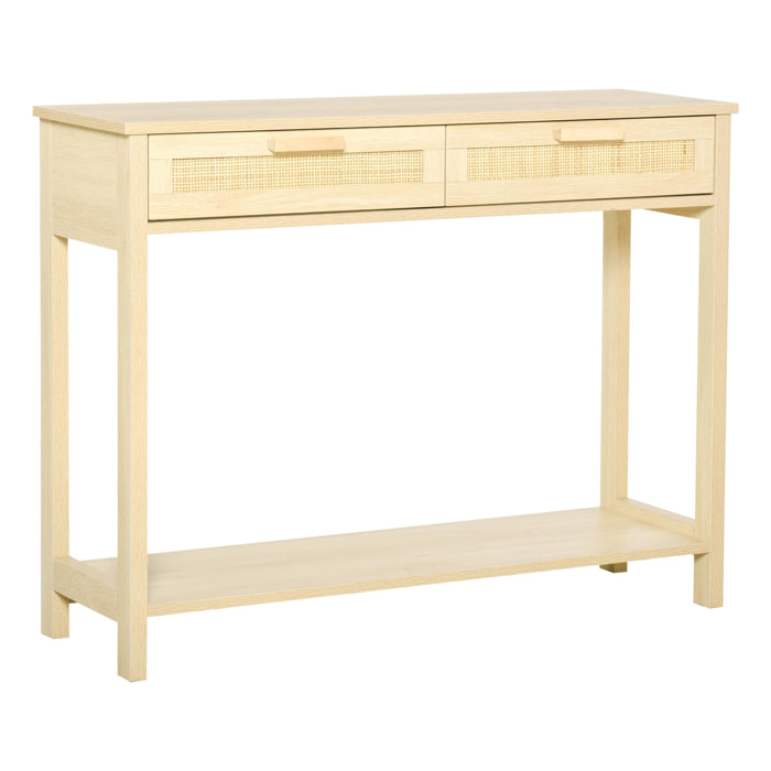 Console table d'appoint dim. 100L x 30l x 76H cm 2 tiroirs façades cannage en rotin étagère MDF aspect bois clair