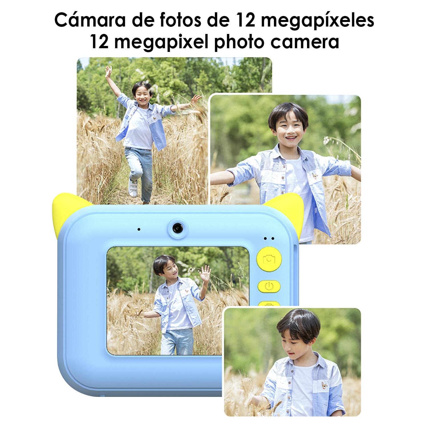 Cámara digital de fotos 12mpx y video FullHD para niños. Impresión instantánea de tus fotos preferidas. Doble cámara, para selfies.