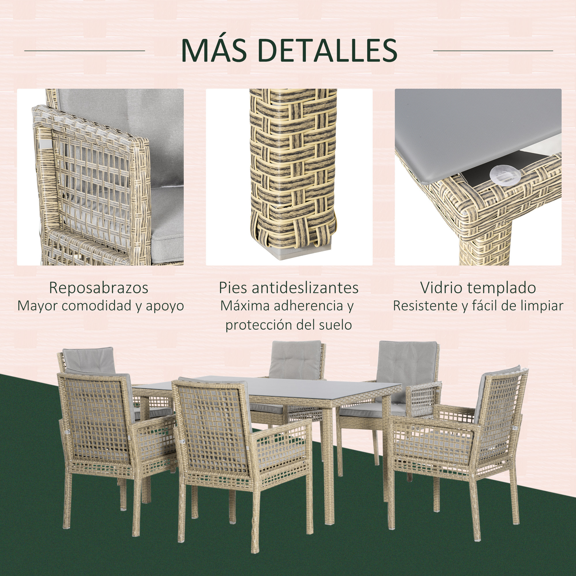 Conjunto de Muebles de Comedor para Jardín 7 Piezas 1 Mesa de Vidrio y 6 Sillas de Ratán con Respaldo Transpirable y Cojines Acolchados para Terraza Exterior Gris y Natural