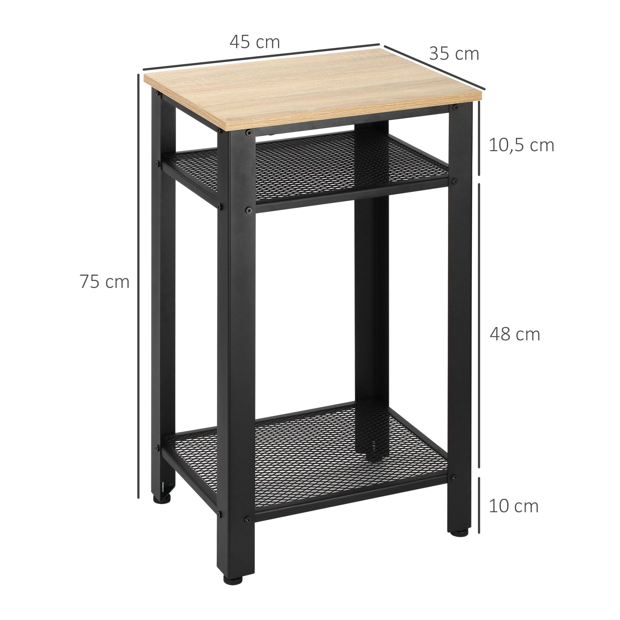 Mesa Auxiliar Mesita de Noche Estilo Industrial con 2 Estantes de Rejilla de Metal y Pies Ajustables para Salón Dormitorio 45x35x75 cm Roble y Negro