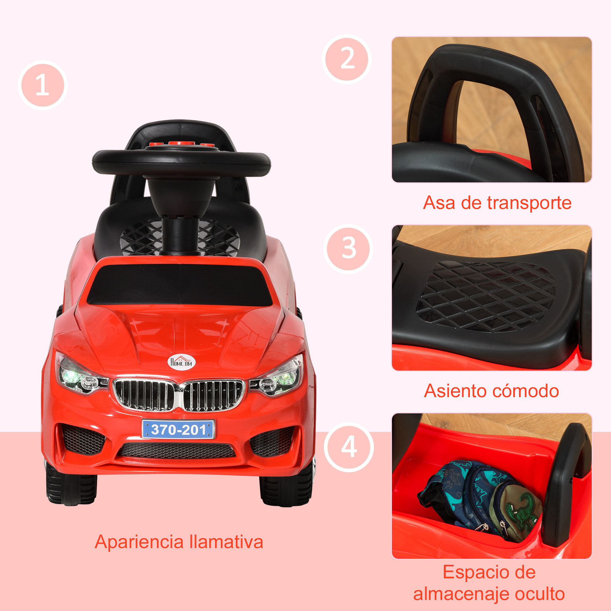 Coche Correpasillos para Niños 18-36 Meses con Faros Música 63,5x28x36 cm Rojo