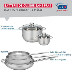 Ensemble de 3 Poêles de cuisson 24, 28 et 32 cm et 2 faitouts Elo Profi Brillant