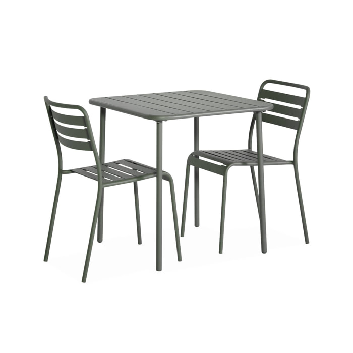 Table de jardin métal + 2 assises kaki Amélia. lattes et bords arrondis. traitement antirouille