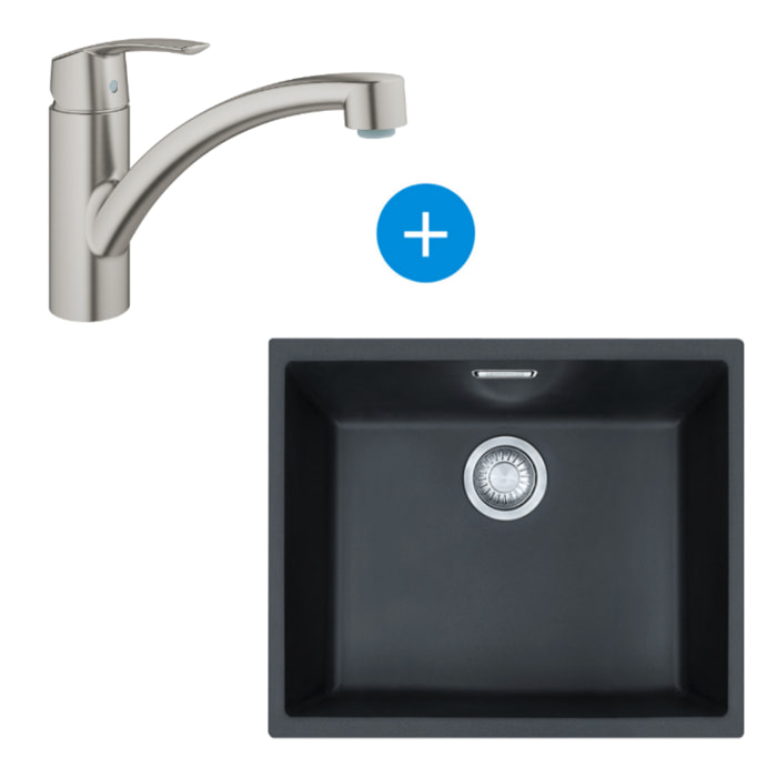 Set Sirius Evier sous plan 52.5x44cm Tectonite®, Noir mat + Mitigeur Grohe Monocommande SuperSteel (125.0363.789-DC1)