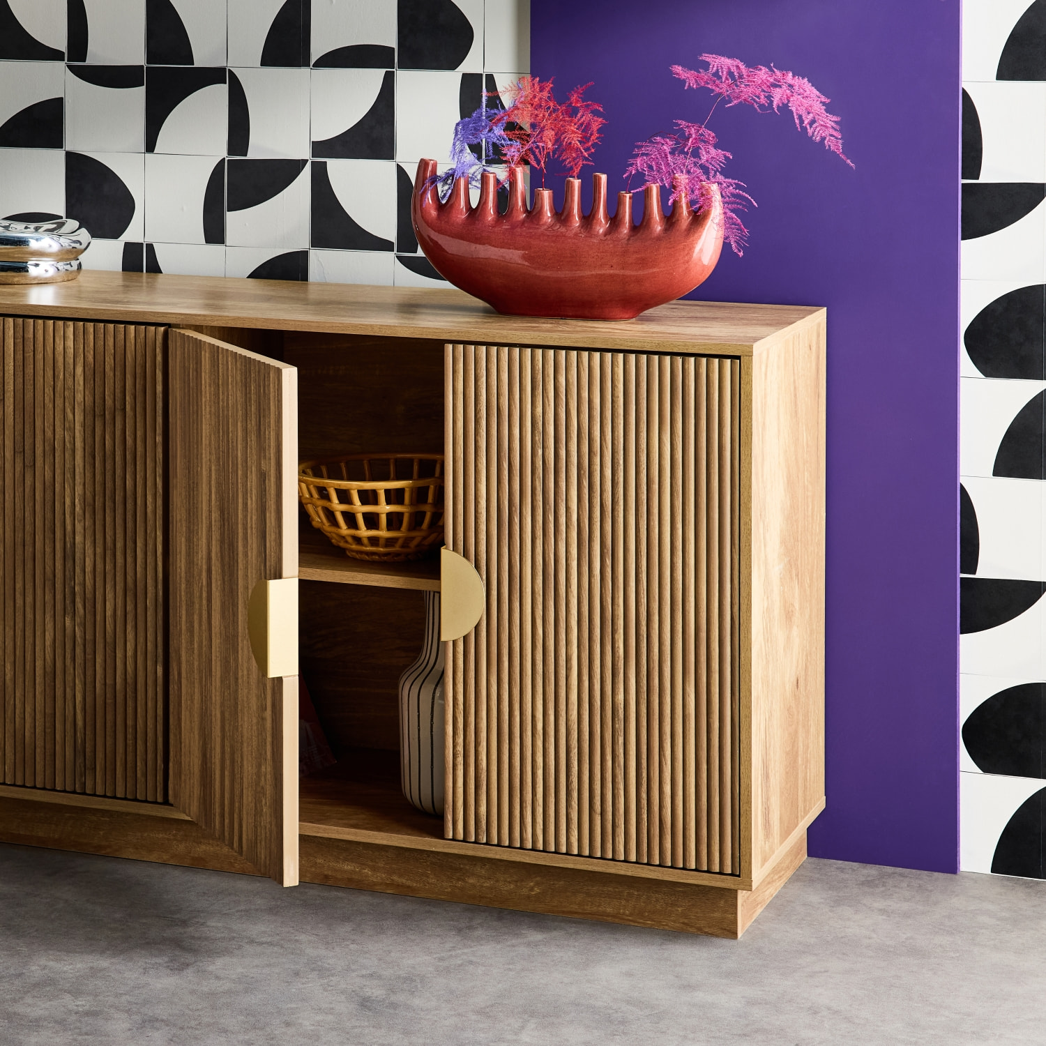 Buffet exotique décor bois de manguier rainuré 4 portes 160cm CELIAN