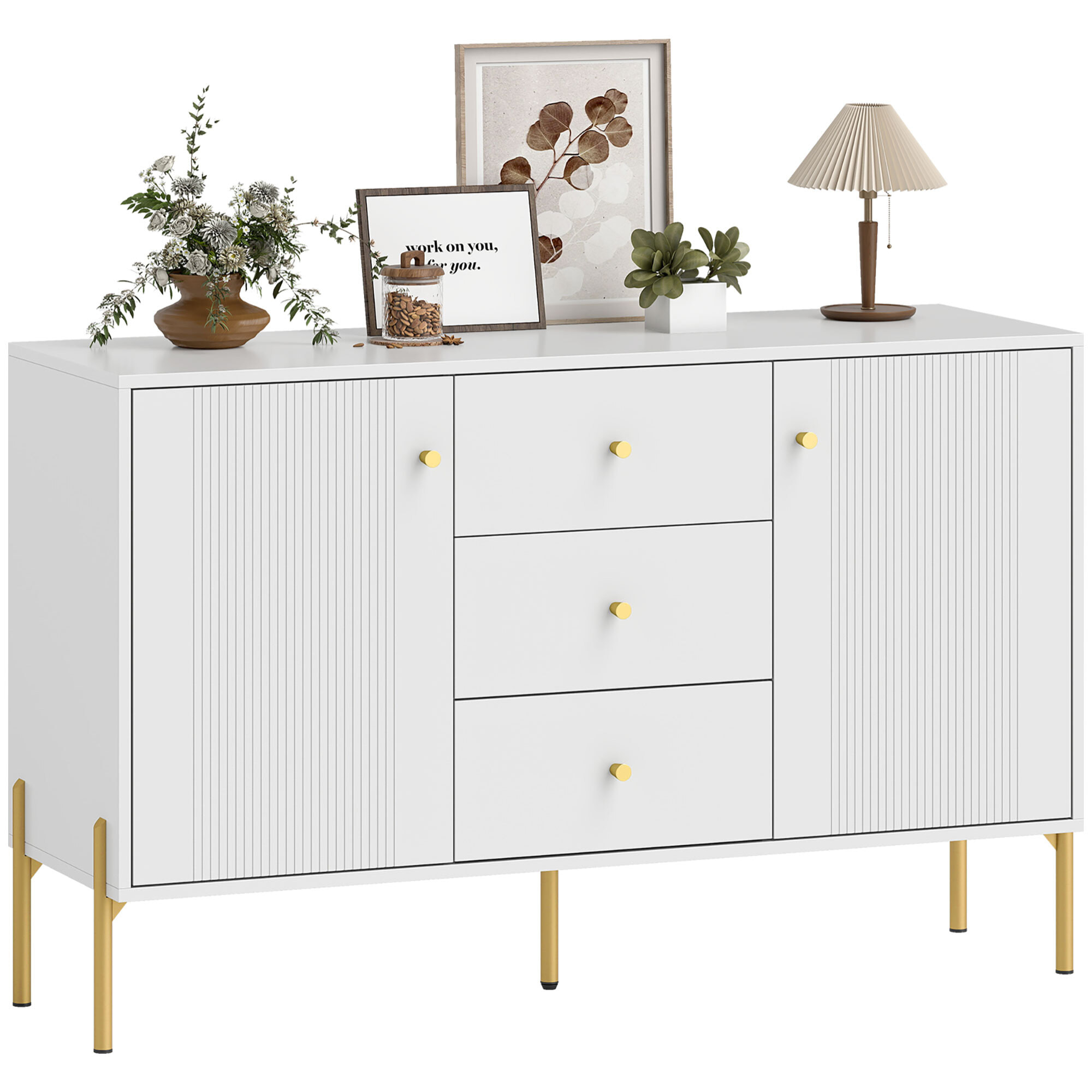 Aparador Moderno de 2 Puertas, Aparador de Salón con 3 Cajones, Estantes Ajustables, Encimera con Efecto Mármol, Patas de Acero, para Cocina, Entrada, Dormitorio, Blanco, 120x39,1x76 cm