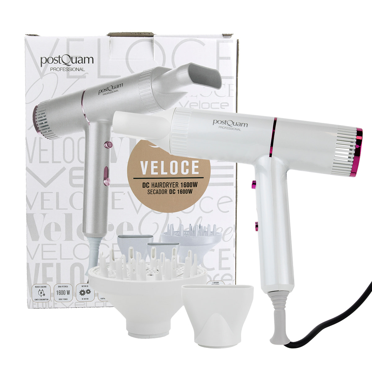 Sèche-cheveux Veloce - Blanc et rose - 1600 W