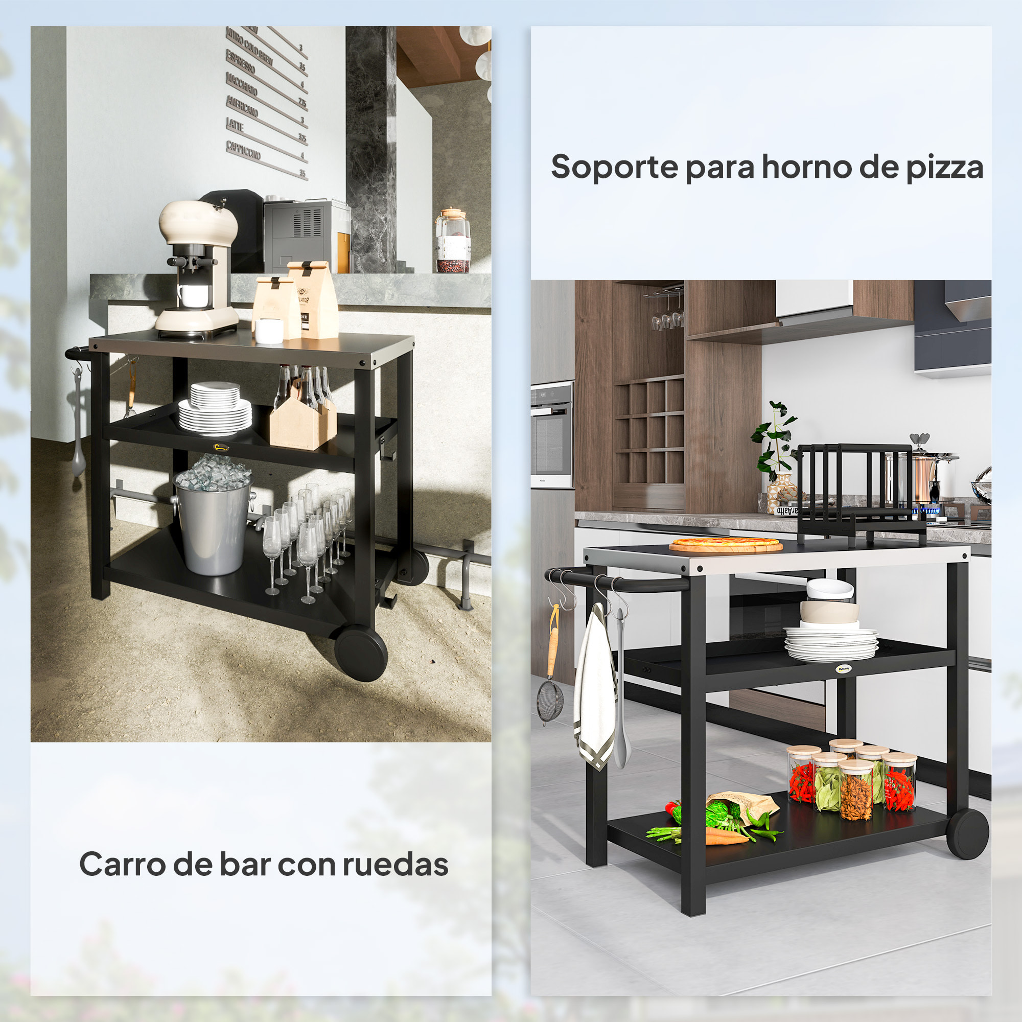 Carrito de Parrilla de 3 Niveles Carrito de Barbacoa Carro de Servicio con 2 Ruedas Estantes Encimera de Acero Inoxidable y Asa Mesa de Horno de Pizza para Jardín Patio Gris Carbón
